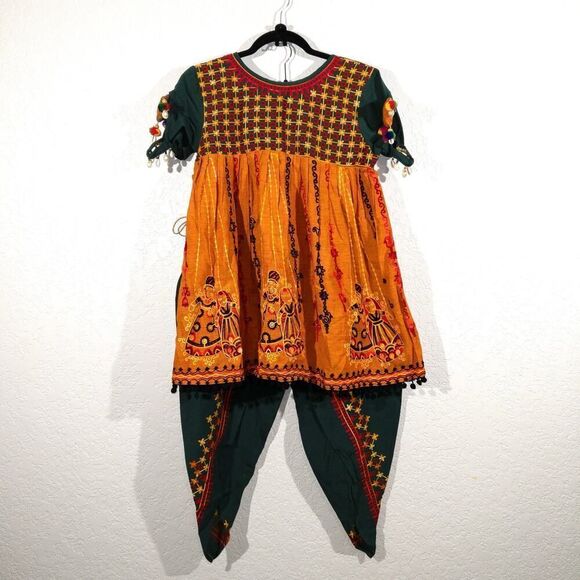 NWT Mesmora Green Orange Embroidered Kedia And Tulip Pants‎ Set Medium - Picture 2 of 12